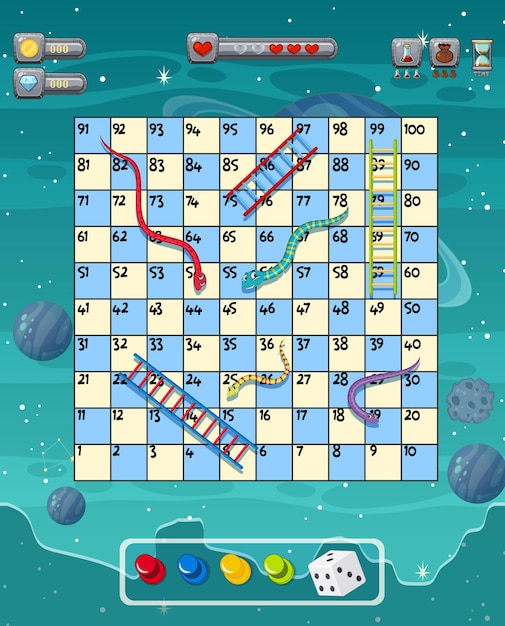 A snake ladder game template on space background