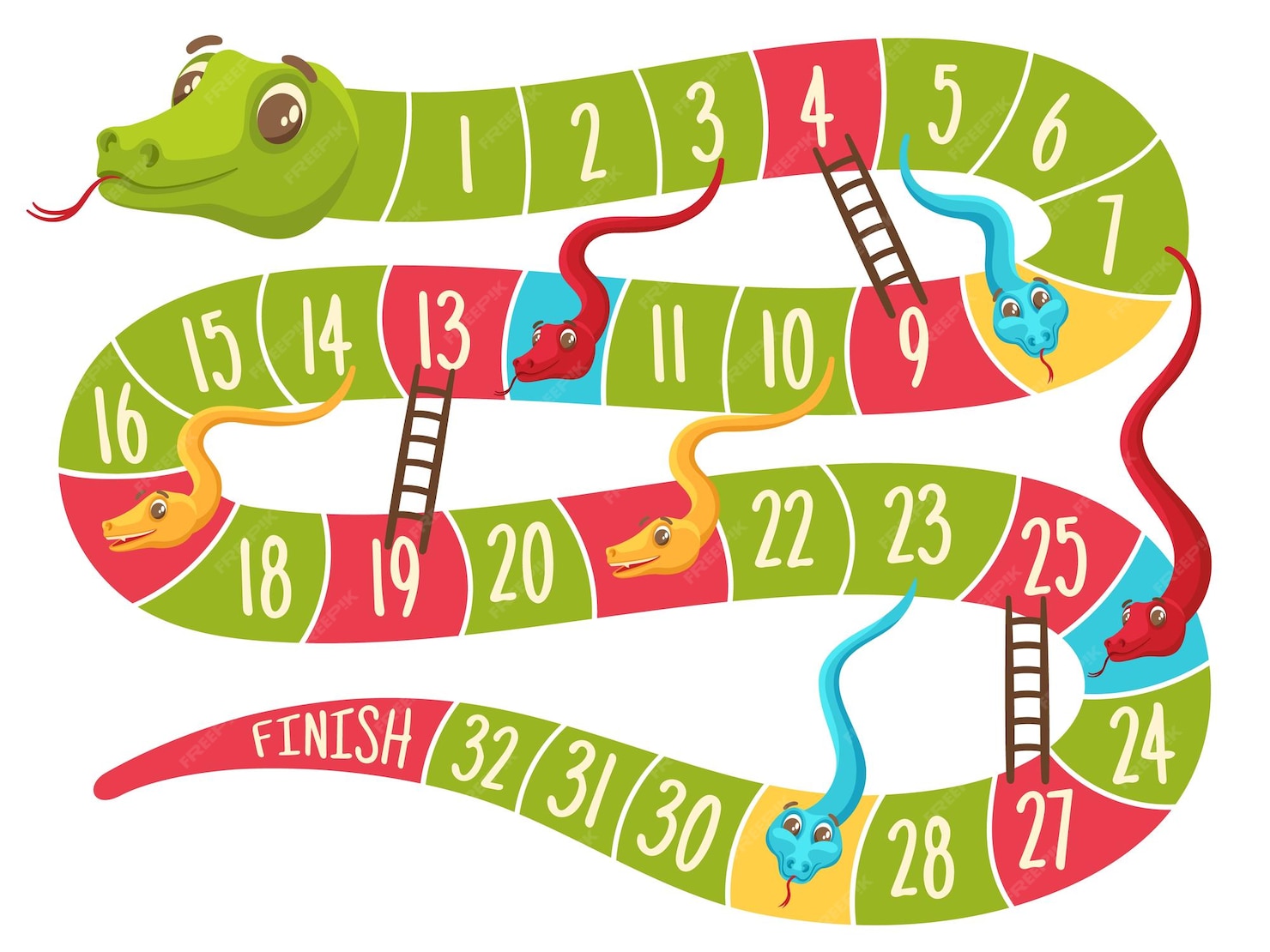 Premium Vector Snake and ladders game Level grid board with cute color snakes for kids games
