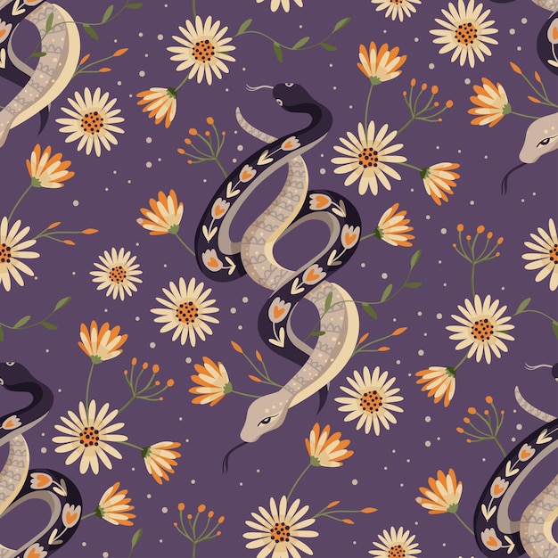 Snake madeliefje vintage hemelse naadloze vector bloemenpatroon. Bloemen magische achtergrond