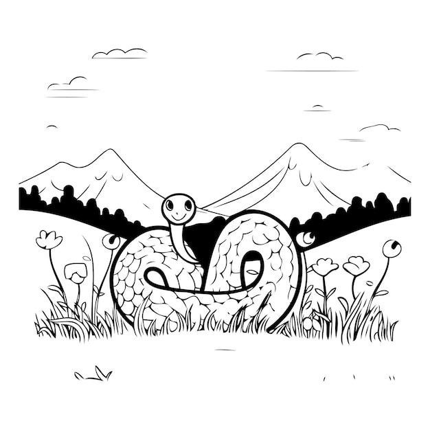 Vector snake in the meadow with flowers and mountains vector illustration