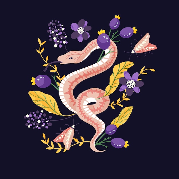 Premium Vector | Snake moth butterfly and flower magic print. tattoo ...