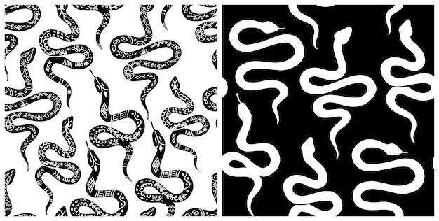 Snake pattern, black and white celestial serpent seamless pattern. Snake silhouettes in boho, mystical graphic style. Vector illustration bohemian ornament in linocut style. Mystic serpent background