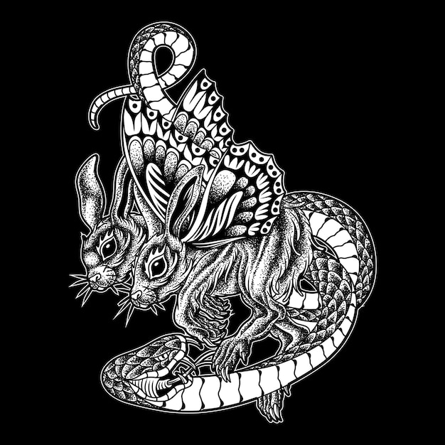 Premium Vector | Snake rabbit creatures black and white illustration