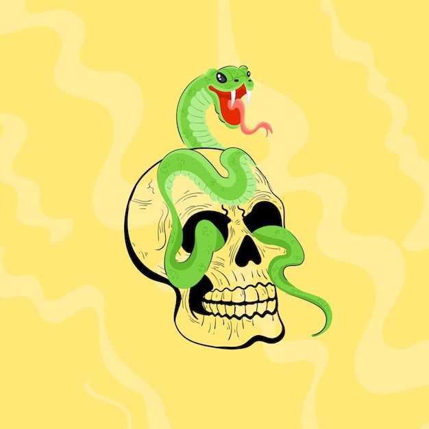 A snake on a skull with a skull in the background