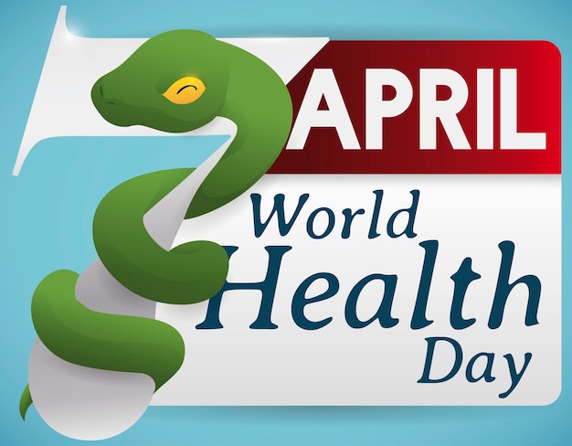 Vector snake tangled in a number seven the date for world health day in april next to a calendar