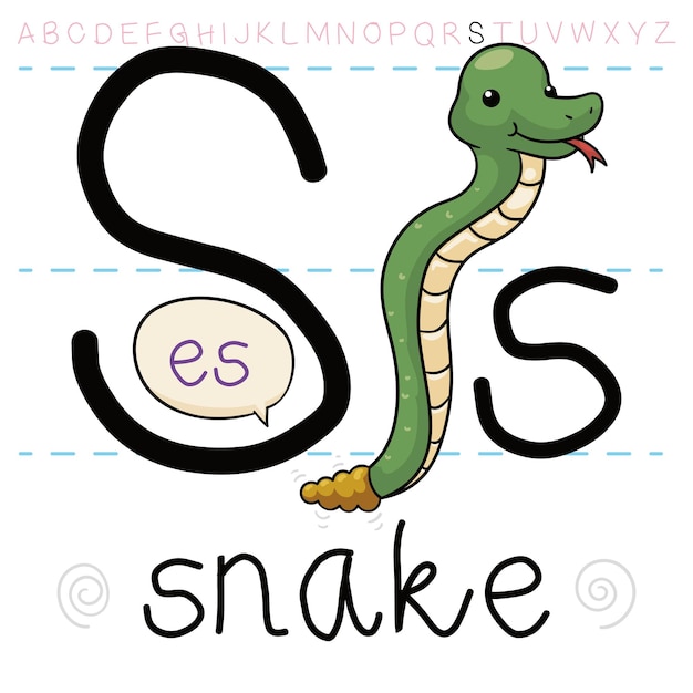 ベクトル ガラガラと音を立てて文字 s を滑るヘビ 例でアルファベットを学ぶ s はヘビの意味