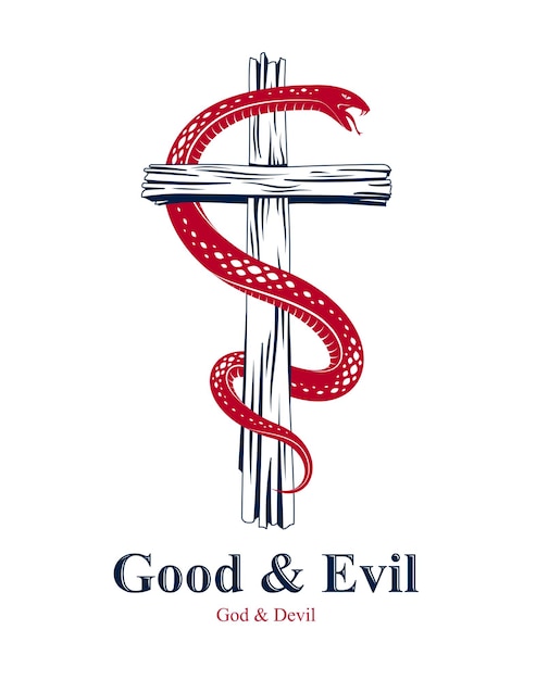 Snake wraps around Christian cross, the struggle between good and evil, saint and sinner, love and hate, life and death symbolic vector illustration logo, emblem or tattoo.