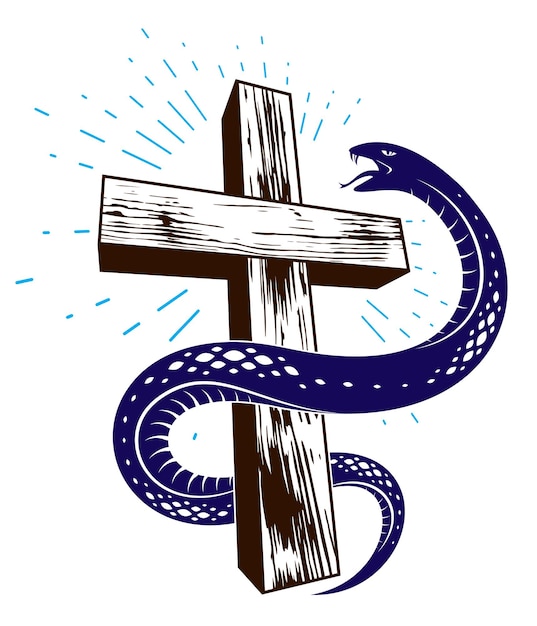 Vector snake wraps around christian cross, the struggle between good and evil, saint and sinner, love and hate, life and death symbolic vector illustration logo, emblem or tattoo.