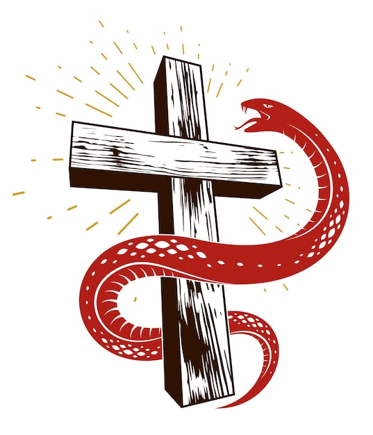 Snake wraps around Christian cross, the struggle between good and evil, saint and sinner, love and hate, life and death symbolic vector illustration logo, emblem or tattoo.