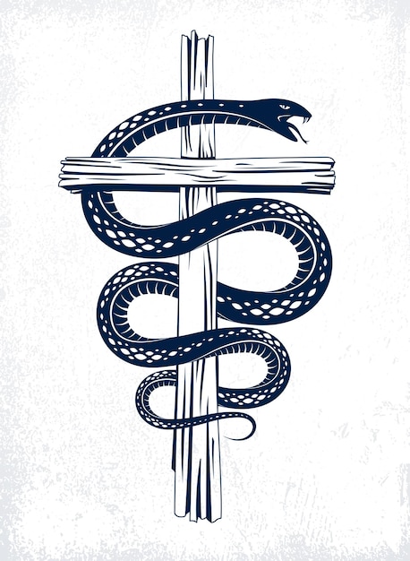 Il serpente avvolge la croce cristiana, la lotta tra il bene e il male, il santo e il peccatore, l'amore e l'odio, il logo, l'emblema o il tatuaggio dell'illustrazione vettoriale simbolico della vita e della morte.