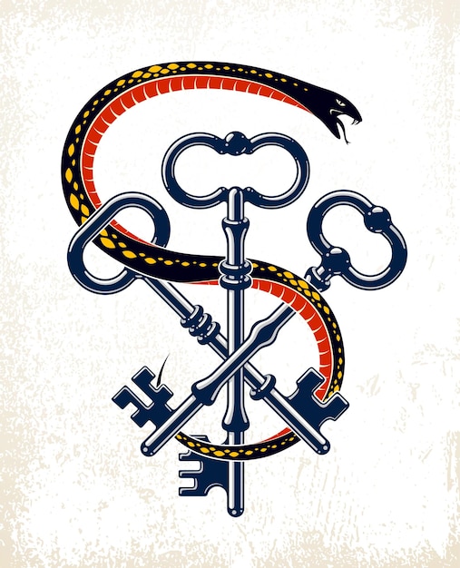 ヘビは、ヴィンテージキー、保護された秘密のコンセプト、ターンキーと蛇の古いスタイルのタトゥー、ベクトルシンボルのロゴまたはエンブレムを包み込みます。