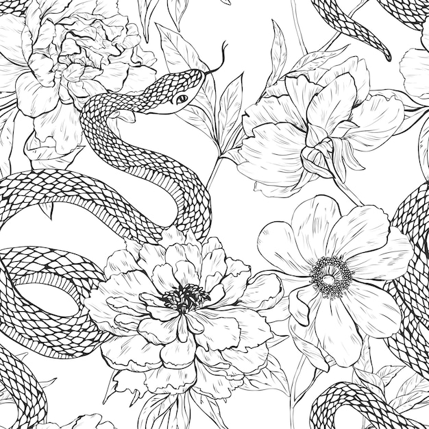 Snakes and flowers seamless pattern