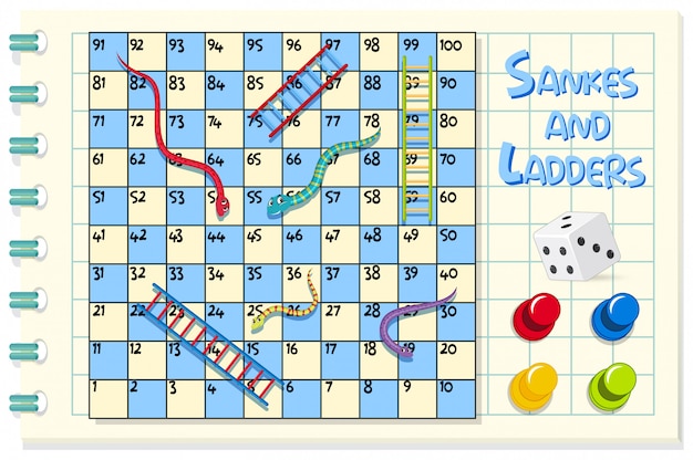 Snakes and ladders game on blue and white grid