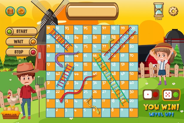 Vector snakes and ladders game template with farmer and windmill