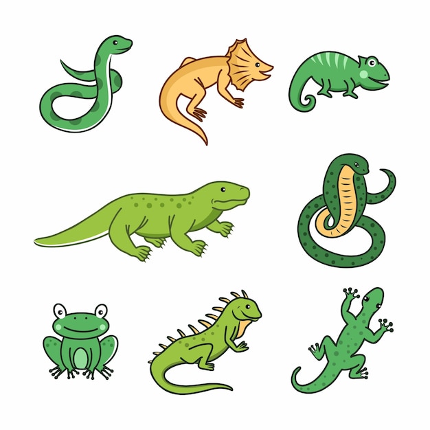ベクトル ヘビ、トカゲ、爬虫類子供のための動物のイラストのセット動物園ベクトル漫画スタイルで描画