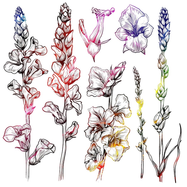 Vector snapdragon flat vector linea set illustration high quality