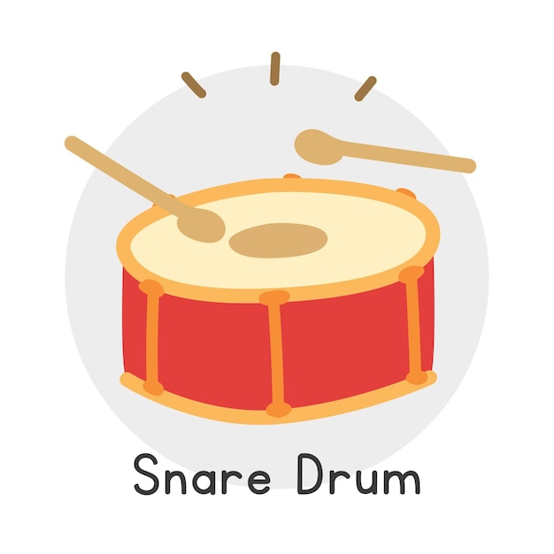 Snare drum clipart cartoon stijl, percussie muziekinstrument platte vector illustratie hand getrokken