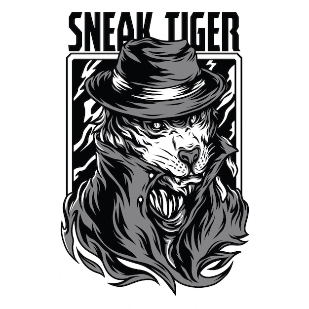 Sneak tiger illustrazione in bianco e nero