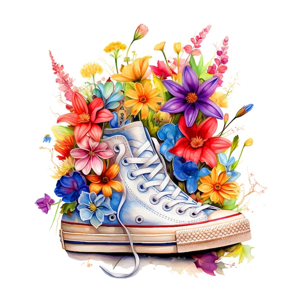 Sneakers gevuld met bloemen aquarelverf