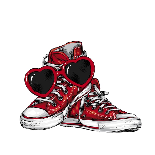 Sneakers and glasses in the shape of hearts