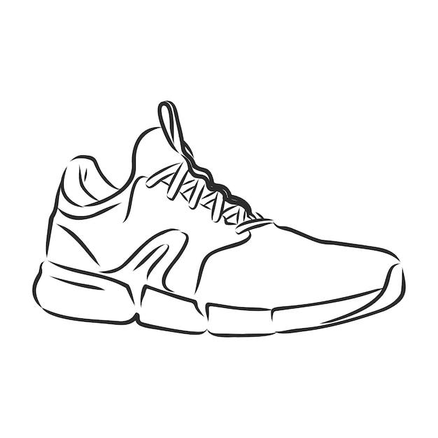 Sneakers outline drawing. Black lines of sport shoe on white background.