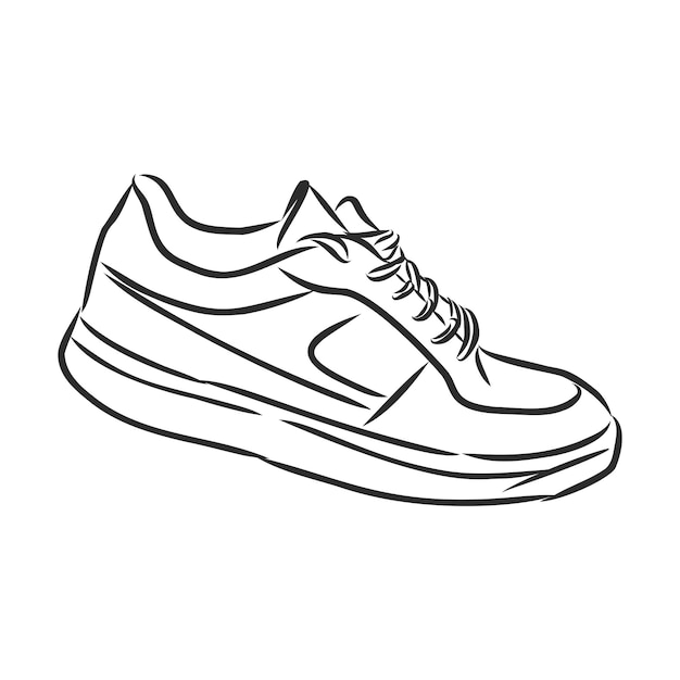 Sneakers outline drawing. Black lines of sport shoe on white background.