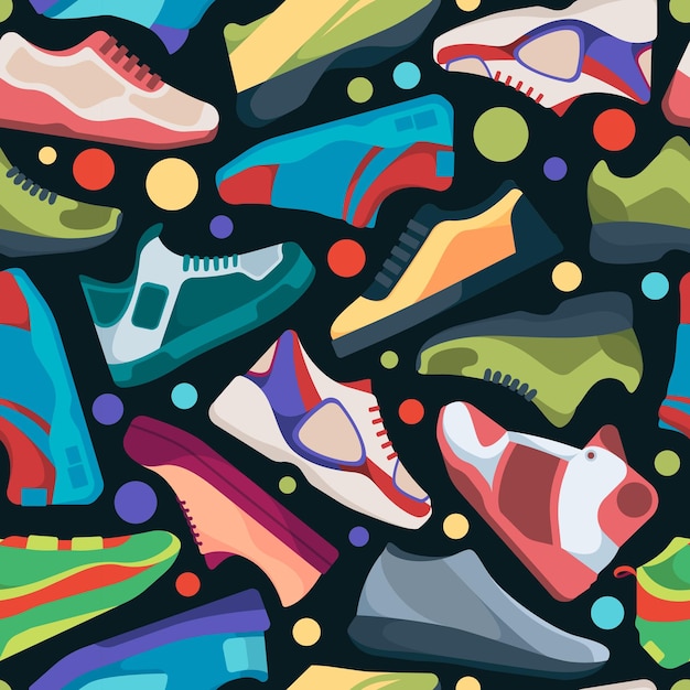 Sneakers pattern textile design with athletic streetwear\
sneakers for sport runners garish vector seamless background