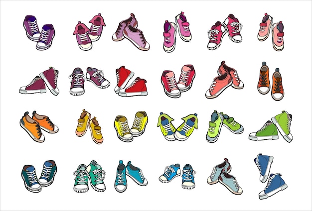 Кроссовки туфли пары изолированы. набор рисованной векторные иллюстрации цветной обуви. спортивные ботинки рисованной для логотипа, плаката, открытки, модного буклета, флаера. кроссовки эскиза вектора. набор радужной обуви