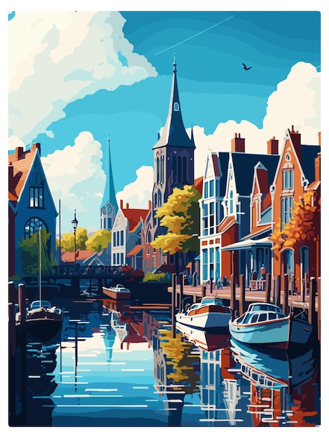 Vector sneek nederland vintage reisposter souvenir postkaart portret schilderij wpa illustratie