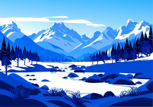 Vector sneeuw berg rivier bos blauwe hemel wallpaper afbeelding achtergrond