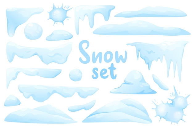 Sneeuw geïsoleerde elementen in plat ontwerp Bundel van verschillende vormen en randen van sneeuwkappen met ijspegels, sneeuwballen en sneeuwvlekken en sneeuwbankstapel in witte en blauwe kleuren Vectorillustratie