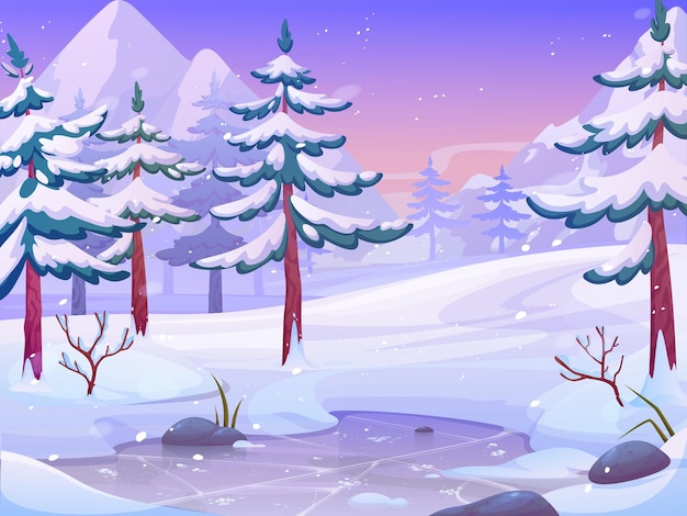 Sneeuwgletsjer Winterse landschap Wilde natuur Ski reizen Pijnen bevroren ijsmeer Canada besneeuwd panorama Bergtoppen Rocky vallei Boslandschap Vector cartoon illustratie