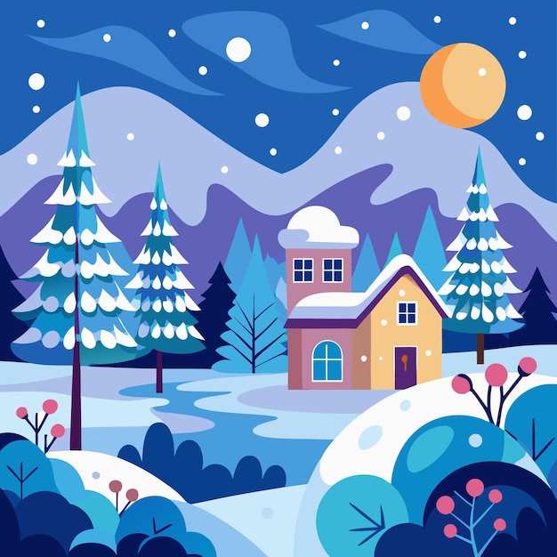 Sneeuwig winterlandschap met een huis en bomen