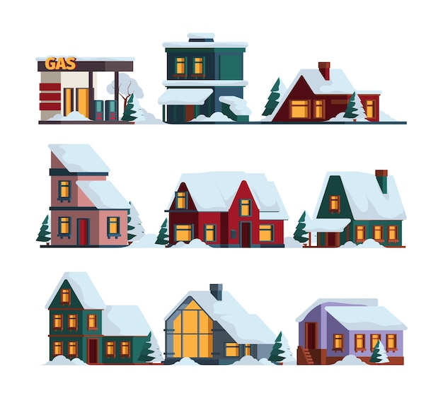 Sneeuwkap huis. winter kerst architectuur moderne gebouwen in sneeuwval vector cottage illustraties. illustratie gebouw winter, huis architectuur in de sneeuw