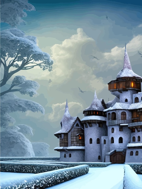 Sneeuwkoningin kasteel fantasie sneeuwland op heuvelbomen in de sneeuw winter vectorillustratie