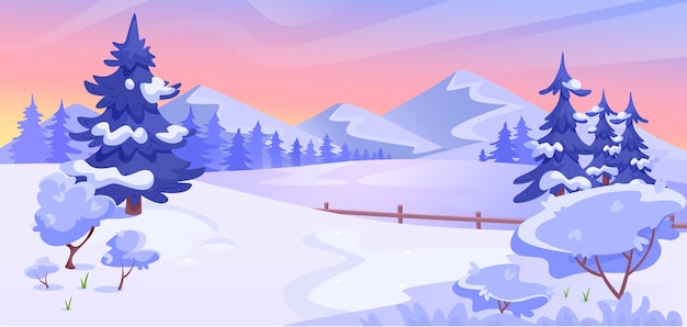 Sneeuwlandschap met bomen en bergen bij zonsondergang vector illustratie