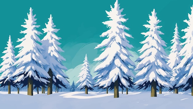 Sneeuwlandschap met pijnbomen hand getrokken schilderij illustratie