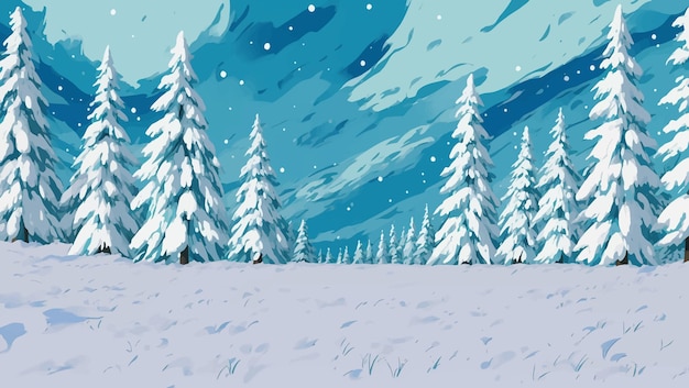 Sneeuwlandschap met pijnbomen tijdens Blizzard Hand getrokken schilderij illustratie