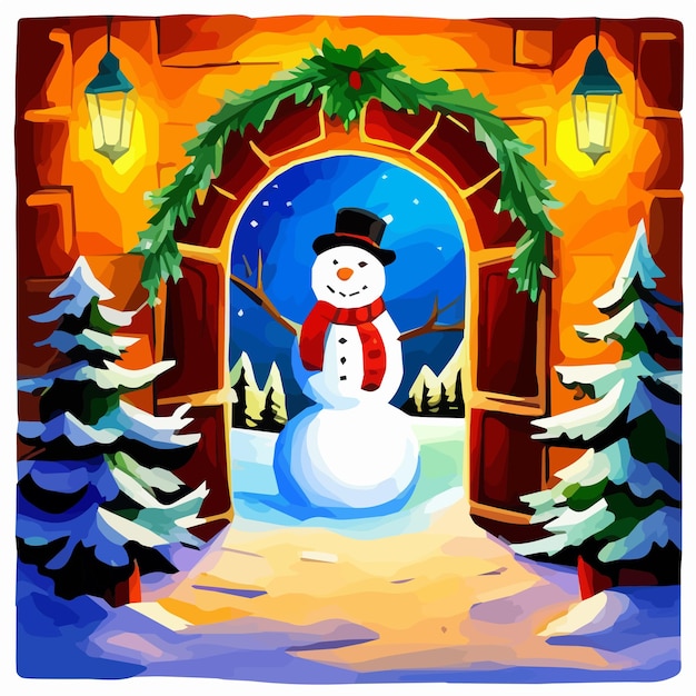 Sneeuwman staat bij de deur bij de buiteningang op kerstavond met sneeuwman-kerstverlichting en
