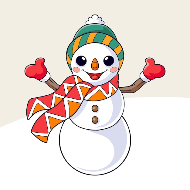 Sneeuwpop cartoon is blij en zwaait in de sneeuwval