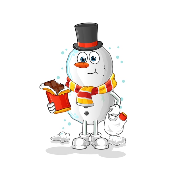 Sneeuwpop eet chocolade cartoon mascotte