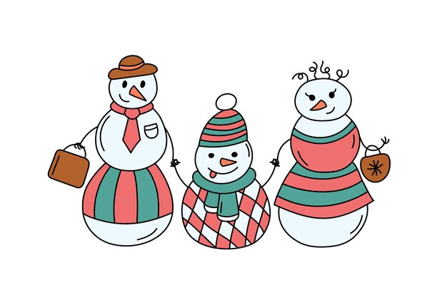 Sneeuwpop familie leuke vector doodle kleurrijke illustratie van geïsoleerde grappige sneeuwpoppen karakters winterseizoen