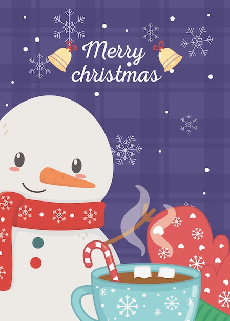 Sneeuwpop met handschoen en chocolade cup vrolijk kerstkaart
