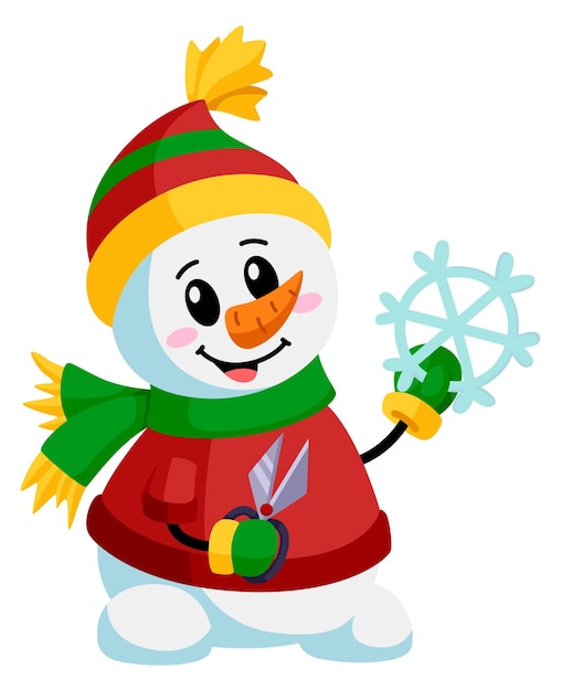 Sneeuwpop met sneeuwvlok Winterkarakter in warme kleding