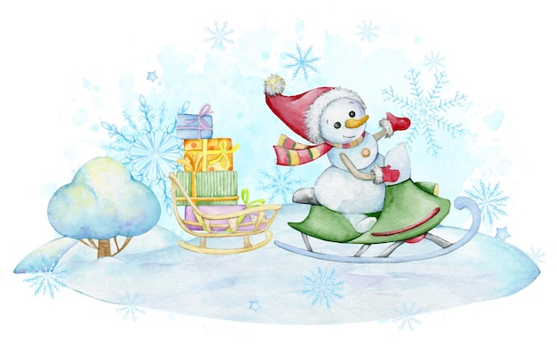 Sneeuwpop sneeuwscooter sneeuwvlokken slee geschenken Aquarel kerst winter clipart