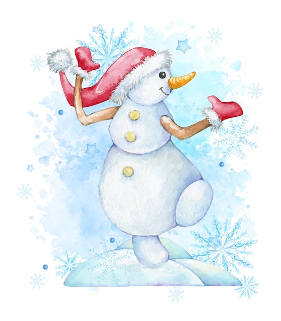 Vector sneeuwpop sneeuwvlokken aquarel clipart in cartoon-stijl op een nieuwjaarsthema