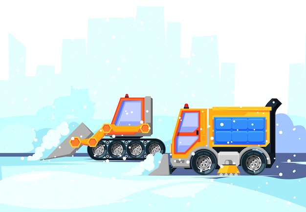 Sneeuwschoonmaak stad Geploegde sneeuw sneeuwstorm stedelijke diensten speciaal voertuig op wegen tracks met ploeg opzichtige vector cartoon achtergrond