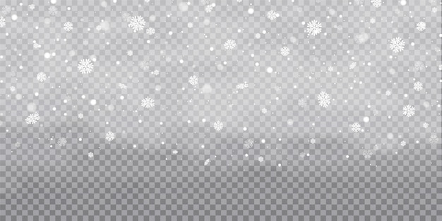 Sneeuwval, sneeuwvlokken in verschillende vormen en vormen. Sneeuwvlokken, sneeuw achtergrond. Kerstsneeuw voor het nieuwe jaar. Witte sneeuw die op transparant vliegt