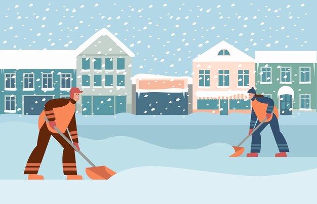 Vector sneeuwverwijdering man en vrouw verwijderen ijs en sneeuwstroom met schoppen mensen die de straat schoonmaken bedekt met