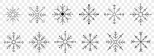 Sneeuwvlok doodle set. Sneeuwvlokkencollectie voor het ontwerp van de kerstwinter. Vector